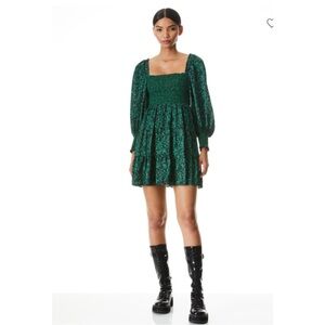 Alice + Olivia Smocked Green Floral Long Sleeve Babydoll Mini Rowan Dress Size M